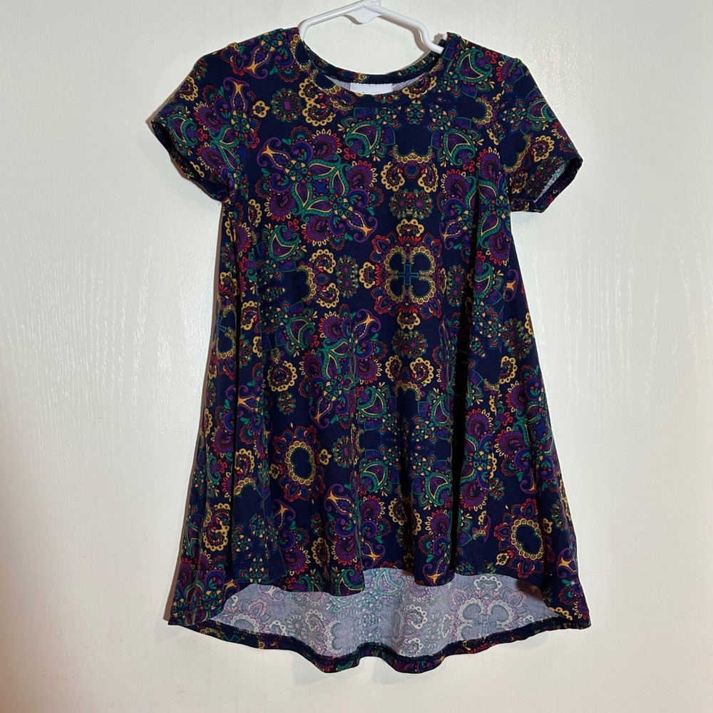 LuLaRoe Girls Navy Blue Multi Paisley Mandala High Low Swing Dress Size 2